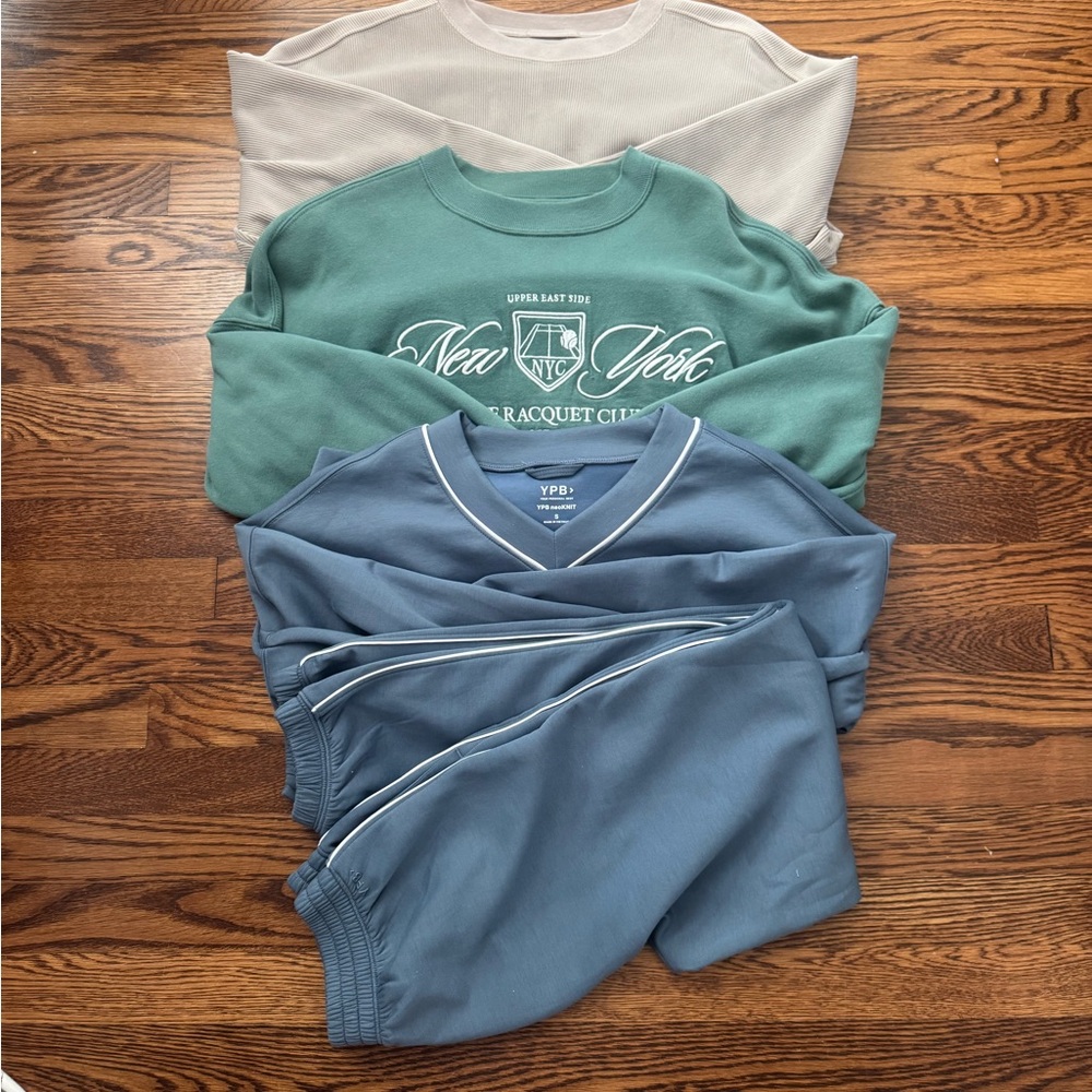 Abercrombie & Fitch Sweatshirts in Cream, Green, and Blue size small. Joggers xs